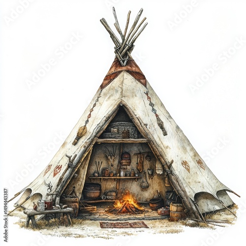 Traditional Native American Teepee with Warm Fire and Artifacts