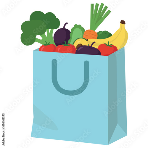 Blue grocery bag with vegetables and fruits