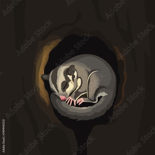 Sleeping Sugar Glider Curled Up Inside a Dark Tree Hollow