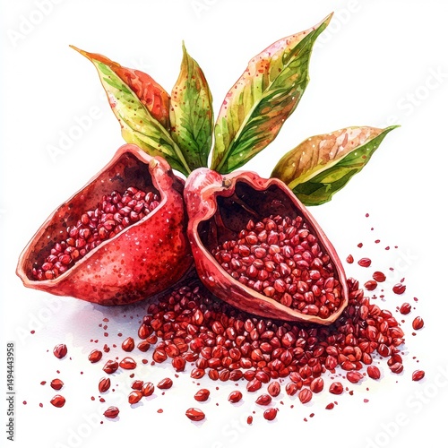 Colorful Annatto Seeds and Pods with Fresh Green Leaves