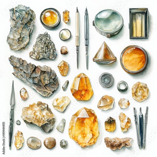 Collection of Natural Crystals and Gemstones on White Background