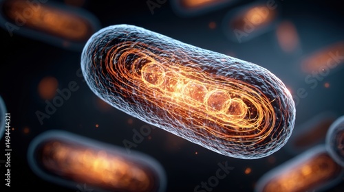 A glowing microscopic bacterium with intricate internal structures, shown in a high-detail scientific visualization.
