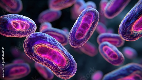 Microscopic view of colorful bacteria or viruses with glowing purple and pink cell structures floating on a dark background.