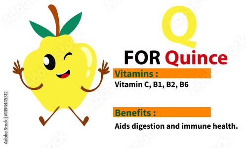 Cute mascout of fruit names,vitamin content, and their benefits for the body,
 suitable for children's education.
