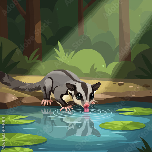 Sugar Glider Drinking Water From a Pond in a Forest Setting