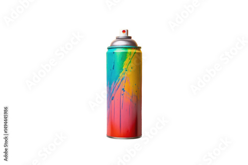 PNG Colorful spray paint can with artistic splatter on black background