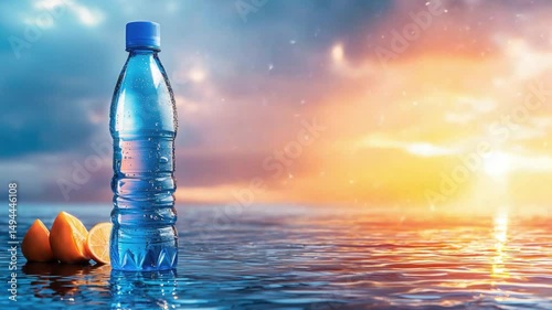 Refreshing Water Bottle with Citrus Fruits Against a Beautiful Sunset Over Calm Waters