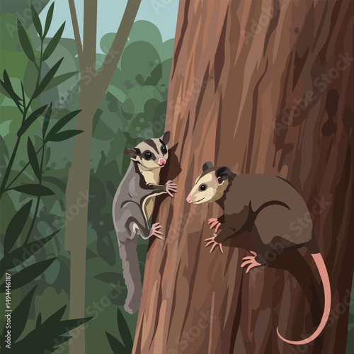 Two Marsupials Climbing Tree in Lush Forest Illustration Style
