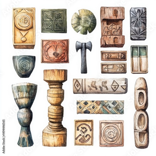 Wooden Artifacts with Intricate Patterns and Designs on White Background