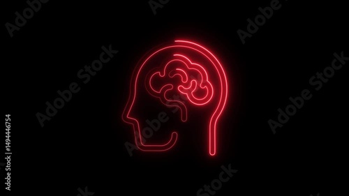 Glowing neon brain icon on black background represents cognitive functions and intelligence