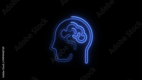 Blue neon outline of human head and brain symbolizing cognitive function