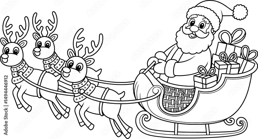 Fototapeta premium Santa claus in his sleigh with three reindeer and gifts