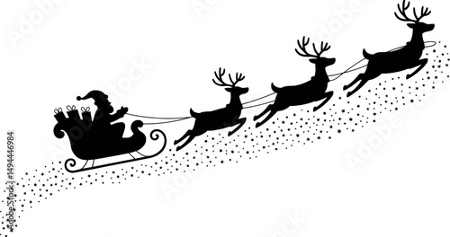 Santa claus in his sleigh pulled by three reindeer flying through the night sky