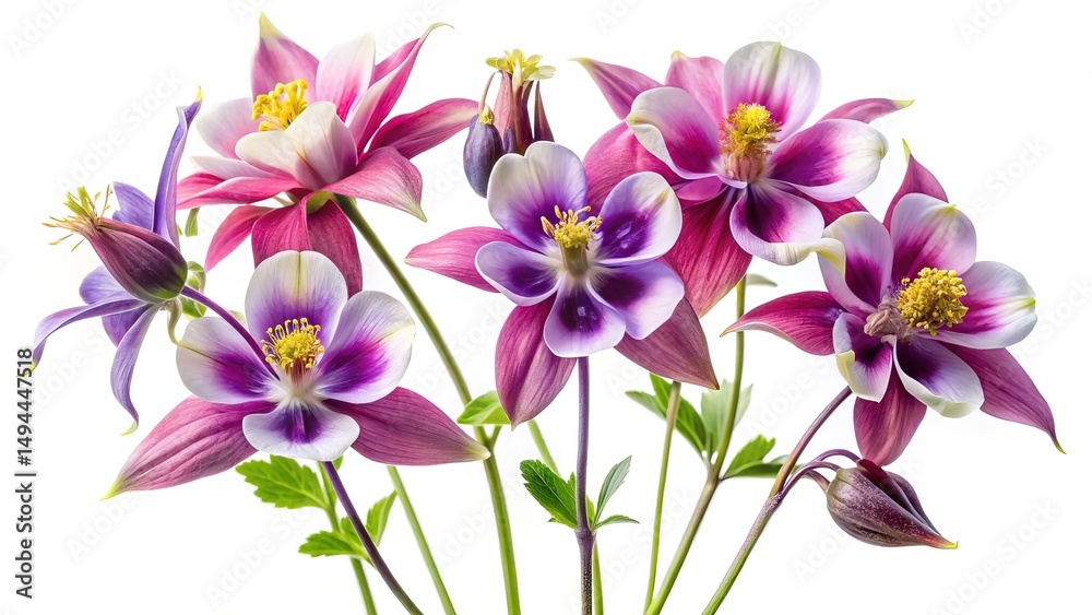 Obraz premium Elegant Columbine Flowers in a Still Life Arrangement Against a White Backdrop