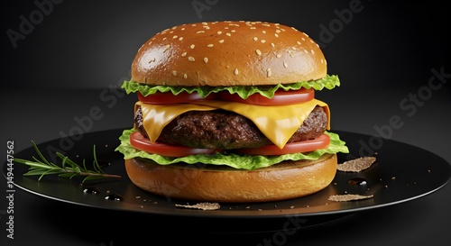 Classic Grilled Cheeseburger with Lettuce on a Black Plate – Studio Food Photography