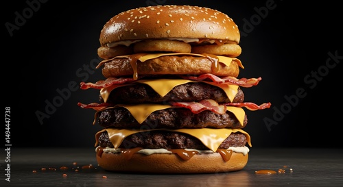 Towering Triple Cheeseburger with Multiple Patties and Toppings on Dark Background