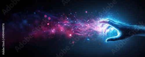A glowing digital hand reaches out, interacting with vibrant, colorful energy or particles in a dark, futuristic space.