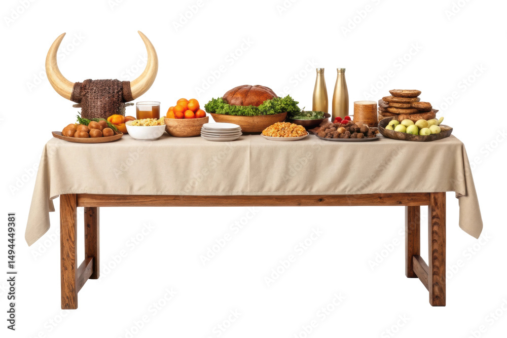 Fototapeta premium PNG Rustic feast table with bread, fruits, pastries, and beverages