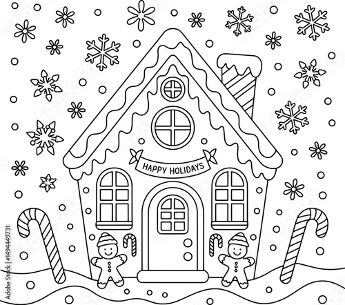 Festive gingerbread house coloring page happy holidays winter scene