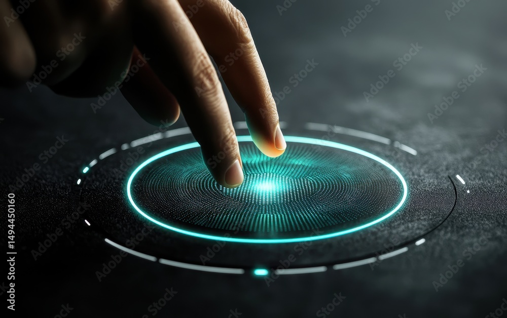 Obraz premium A fingertip hovers above a glowing, circular, interactive touchscreen interface on a dark surface