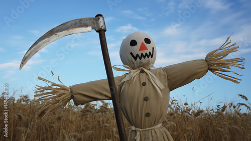 Scarecrow with a scythe standing in a wheat field under a blue sky, protecting the crops during the autumn harvest season