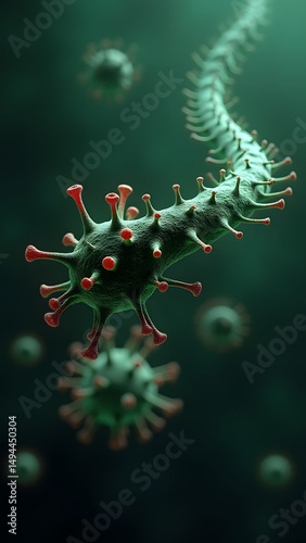 Dangerous hook-covered virus glowing in microscopic view, with destroyed cell background and dramatic lighting.