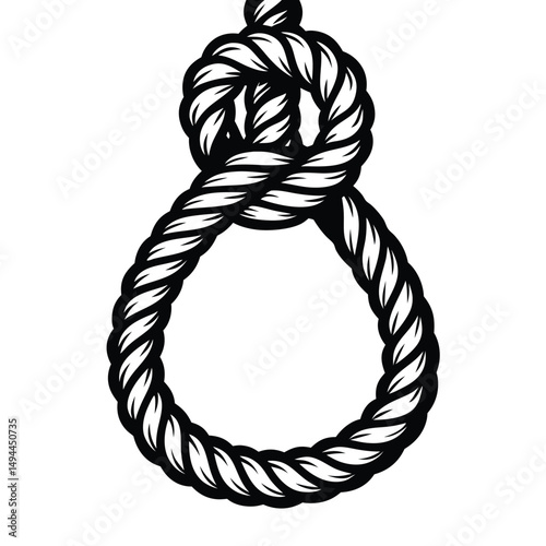 Black and White Rope with Overhand Knot Illustration, Isolated on White Background