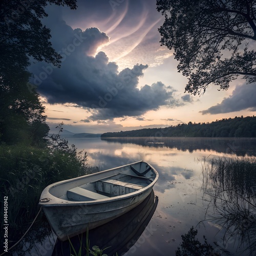  A small white rowboat rests peacefully on a calm lake at sunset, the sky ablaze with dramatic clouds and the water reflecting the fiery hues. 