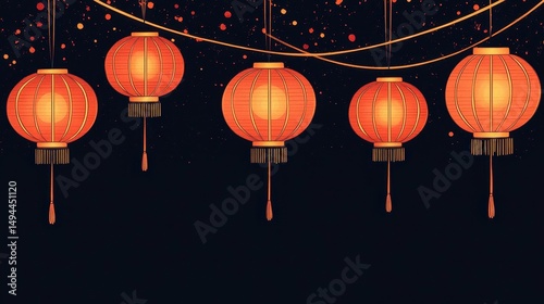 Illuminated Asian Lanterns Hanging at Night