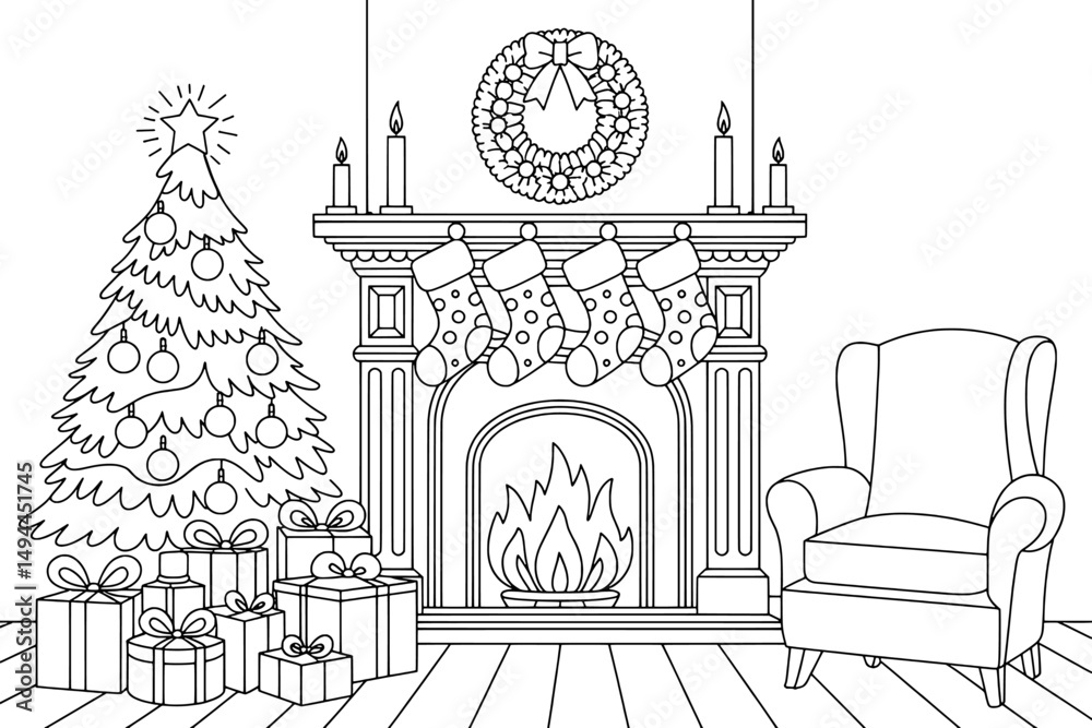 Fototapeta premium Christmas fireplace scene coloring page festive holiday decor