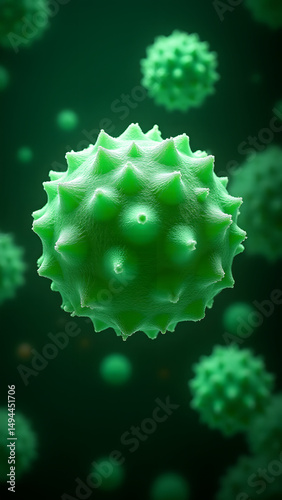 Unique bubble-covered virus refracting light under microscope, with dense viral background.
