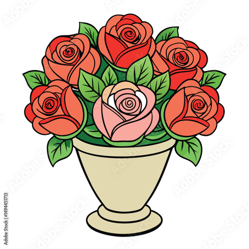 Floral arrangement, vibrant orange and pink roses with green leaves in tan vase
