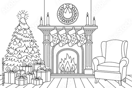 Christmas fireplace scene coloring page festive holiday decor