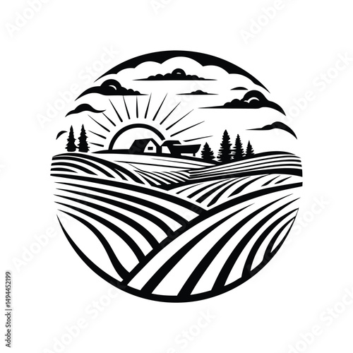 Black and White Circular Countryside Landscape with Field, Trees, Farmhouses, and Sun