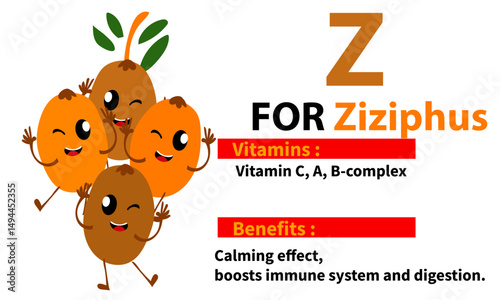 Cute mascout of fruit names,vitamin content, and their benefits for the body,
 suitable for children's education.
