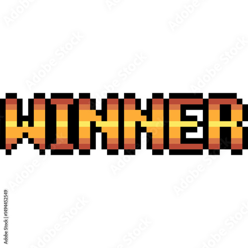 Pixel art game text set: winner, level up, game over. 8-bit retro style icons. Video game message