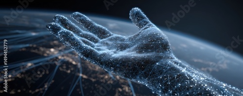 A digital hand made of interconnected nodes and lines reaches out above a glowing, networked Earth in a futuristic setting.