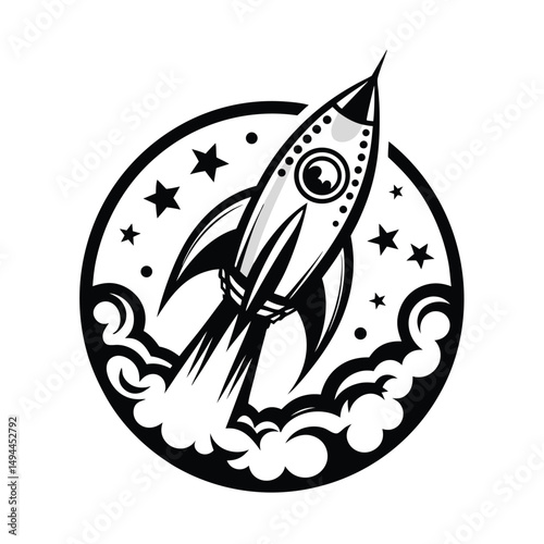 Rocket Ship Blasting Off with Stars and Smoke Trail, Black and White