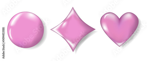 Set of 3D Forms Circle, Square, Heart Realistically isolated on white Background. Pink Chrome Form, Liquid Metal. Spherical 3D spheres. Precious Stone. Vector illustration for Design and Business.