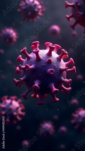 Extreme close-up of spherical virus with dramatic surface folds, golden halo effect, floating in microscopic space with blurred peers.