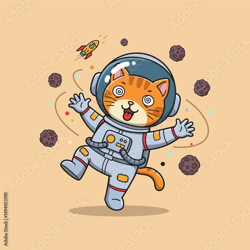 Whimsical kitten in a white and orange space suit.