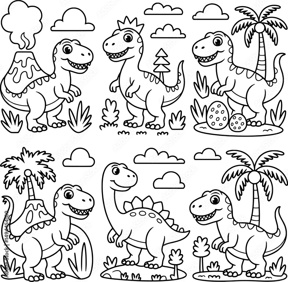 Fototapeta premium Adorable cartoon dinosaurs coloring page set prehistoric animals