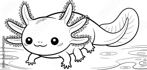 Adorable cartoon axolotl in water coloring page