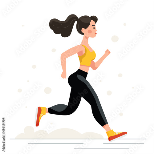Woman running in modern sportswear with ponytail and dynamic stride, fitness-focused running posture, running gear inspiration, sport  for wellness