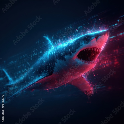 Digital shark swimming through data stream symbolizing online threats