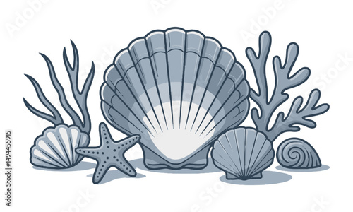 Modern vector illustration of assorted sea-themed elements arranged aesthetically, easily scalable and editable.
