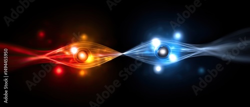 Two glowing particles, one red and one blue, are connected by swirling energy lines against a dark background, symbolizing quantum entanglement.