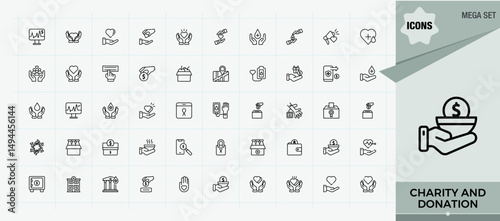 Charity And Donation icon set. Modern icons collection. Includes symbols for volunteer, linearity, donation, sponsor, support. Editable stroke. Vector collection. Donation simple icon set.