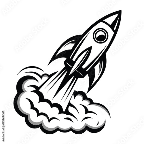 Cartoon Rocket Ship Blasting Off, Smoke Trail, Retro Black & White Style