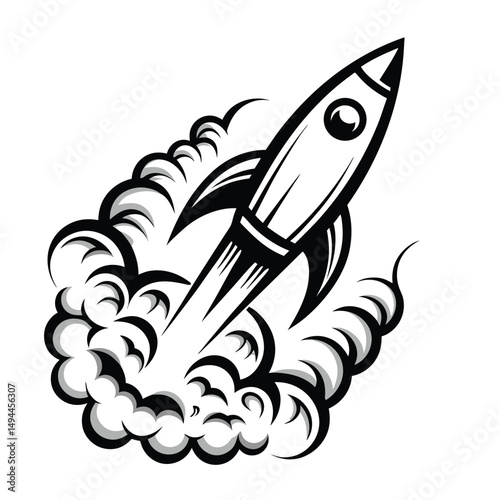 Retro Style Rocket Ship Taking Off with Smoke Trails Black and White Monochrome Design